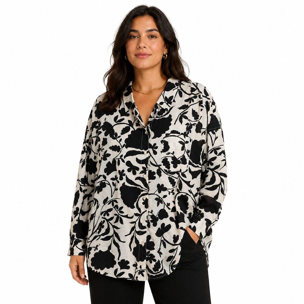 Masai Tunic Blouse Womens XL Black Floral Collared Long Sleeve Cotton Top